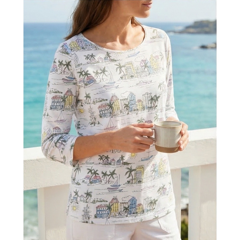 Talbots Petite XL Tee Shirt White Coastal Village Sailboat Palm Tree 3/4 Sleeve